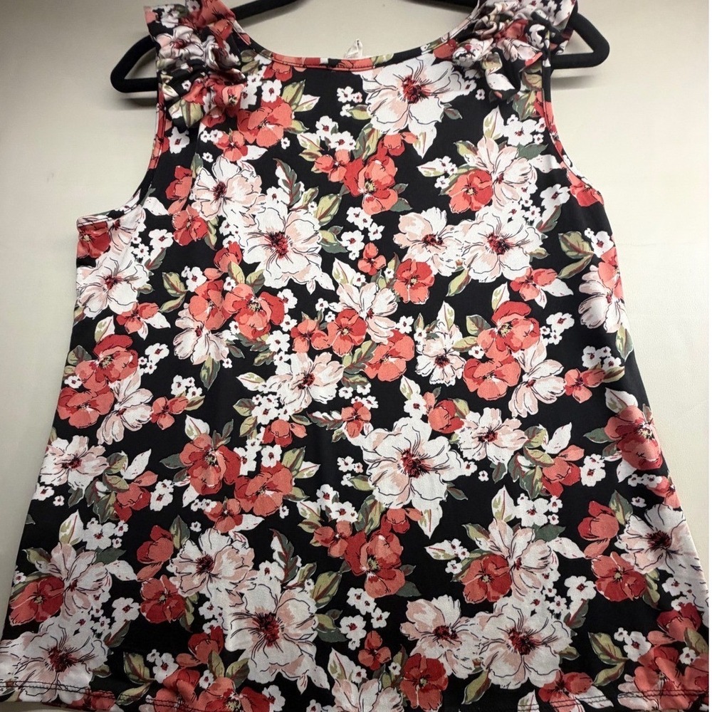 Perception Concept Floral Ruffle Shoulder V-Neck Tank Top Black Coral Large - Picture 5 of 8
